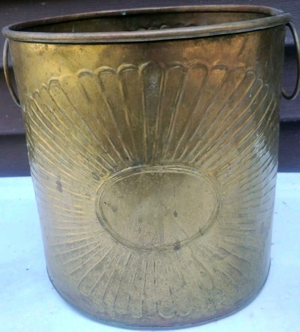Vintage Embossed Brass Metal Wastebasket Trash can round Handles sunburst India